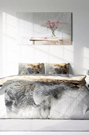 Leopar Lastikli Çarşaflı %100 Pamuk Saten Çift Kişilik Nevresim Takımı Snow Leopard