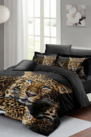 Leopar Lastikli Çarşaflı %100 Pamuk Saten Çift Kişilik Nevresim Takımı Leopard Eyes