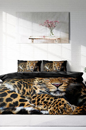 Leopar Lastikli Çarşaflı %100 Pamuk Saten Çift Kişilik Nevresim Takımı Leopard Eyes