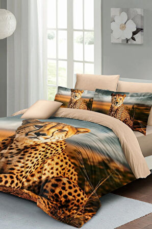 Leopar Lastikli Çarşaflı %100 Pamuk Saten Çift Kişilik Nevresim Takımı Cheetah