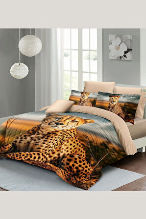 Leopar Lastikli Çarşaflı %100 Pamuk Saten Çift Kişilik Nevresim Takımı Cheetah