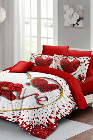 Sevgililer Günü Özel Çift Kişilik Nevresim Takımı Pamuk Saten Love Feather