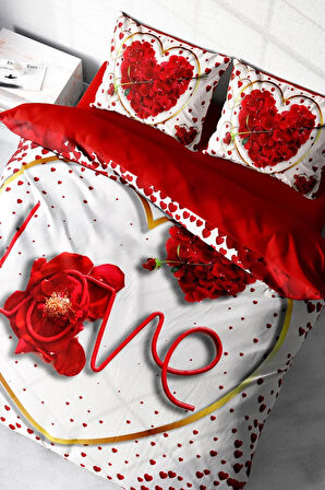 Sevgililer Günü Özel Çift Kişilik Nevresim Takımı Pamuk Saten Love Feather