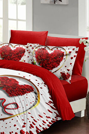 Sevgililer Günü Özel Çift Kişilik Nevresim Takımı Pamuk Saten Love Feather