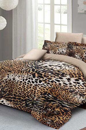 Leopar Lastikli Çarşaflı %100 Pamuk Saten Çift Kişilik Nevresim Takımı Wild Leopard