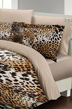 Leopar Lastikli Çarşaflı %100 Pamuk Saten Çift Kişilik Nevresim Takımı Wild Leopard