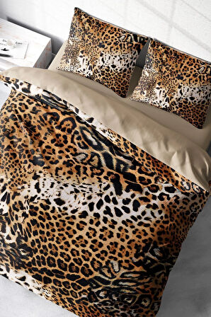 Leopar Lastikli Çarşaflı %100 Pamuk Saten Çift Kişilik Nevresim Takımı Wild Leopard