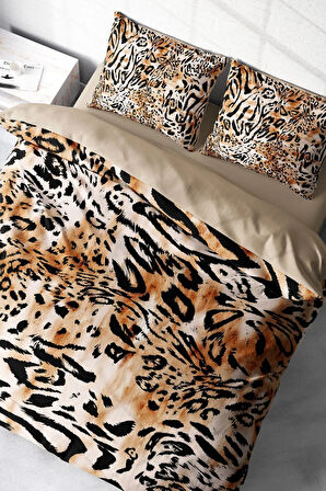 Leopar Lastikli Çarşaflı %100 Pamuk Saten Çift Kişilik Nevresim Takımı Drawing Leopard
