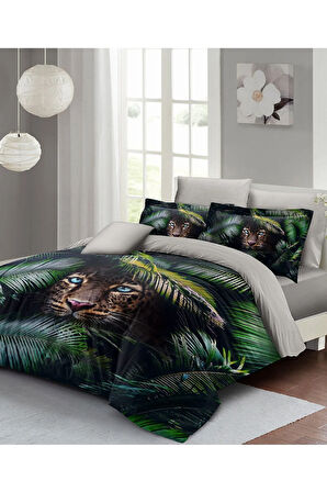 Leopar Lastikli Çarşaflı %100 Pamuk Saten Çift Kişilik Nevresim Takımı Jungle Leopard