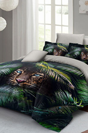 Leopar Lastikli Çarşaflı %100 Pamuk Saten Çift Kişilik Nevresim Takımı Jungle Leopard