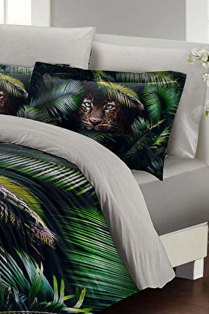 Leopar Lastikli Çarşaflı %100 Pamuk Saten Çift Kişilik Nevresim Takımı Jungle Leopard