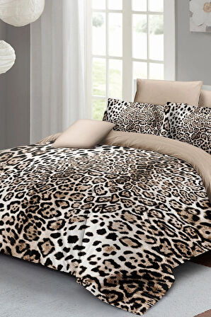 Leopar Lastikli Çarşaflı %100 Pamuk Saten Çift Kişilik Nevresim Takımı Classical Leopard