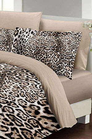 Leopar Lastikli Çarşaflı %100 Pamuk Saten Çift Kişilik Nevresim Takımı Classical Leopard