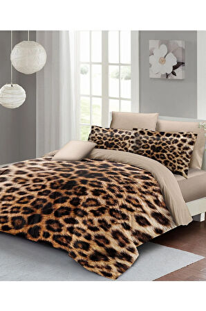 Leopar Lastikli Çarşaflı %100 Pamuk Saten Çift Kişilik Nevresim Takımı Leopard Feathers