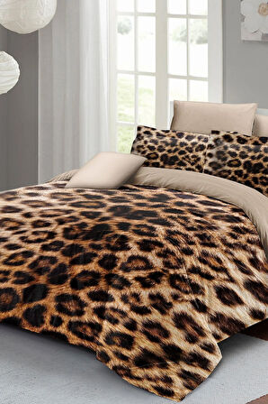 Leopar Lastikli Çarşaflı %100 Pamuk Saten Çift Kişilik Nevresim Takımı Leopard Feathers