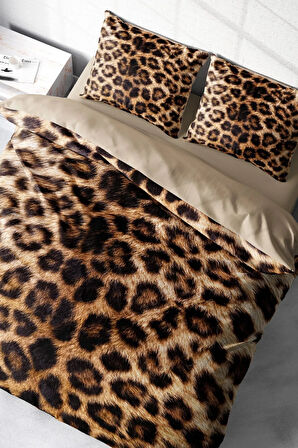 Leopar Lastikli Çarşaflı %100 Pamuk Saten Çift Kişilik Nevresim Takımı Leopard Feathers