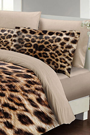 Leopar Lastikli Çarşaflı %100 Pamuk Saten Çift Kişilik Nevresim Takımı Leopard Feathers