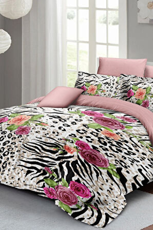 Leopar Lastikli Çarşaflı %100 Pamuk Saten Çift Kişilik Nevresim Takımı Zebra Flowers