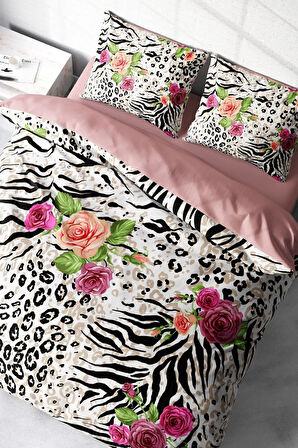 Leopar Lastikli Çarşaflı %100 Pamuk Saten Çift Kişilik Nevresim Takımı Zebra Flowers