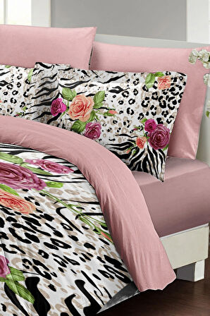 Leopar Lastikli Çarşaflı %100 Pamuk Saten Çift Kişilik Nevresim Takımı Zebra Flowers