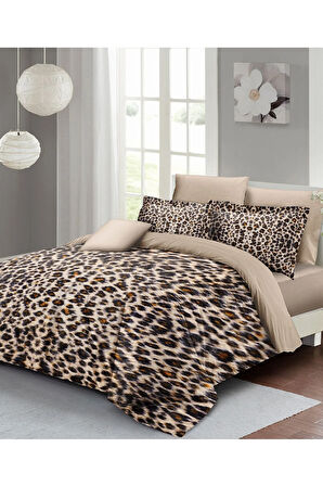 Leopar Lastikli Çarşaflı %100 Pamuk Saten Çift Kişilik Nevresim Takımı Small Leopard