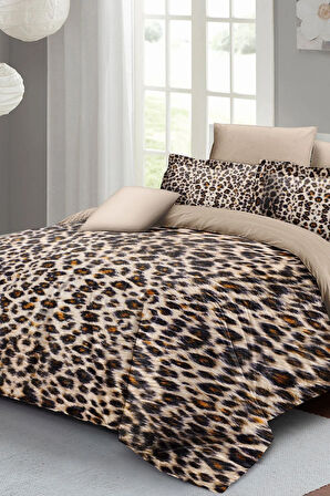 Leopar Lastikli Çarşaflı %100 Pamuk Saten Çift Kişilik Nevresim Takımı Small Leopard