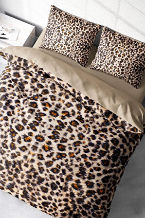Leopar Lastikli Çarşaflı %100 Pamuk Saten Çift Kişilik Nevresim Takımı Small Leopard