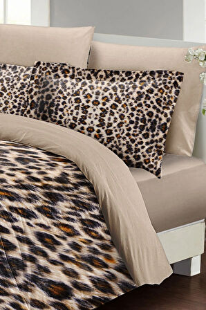 Leopar Lastikli Çarşaflı %100 Pamuk Saten Çift Kişilik Nevresim Takımı Small Leopard