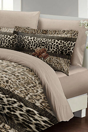 Leopar Lastikli Çarşaflı %100 Pamuk Saten Çift Kişilik Nevresim Takımı Leopard Fabric