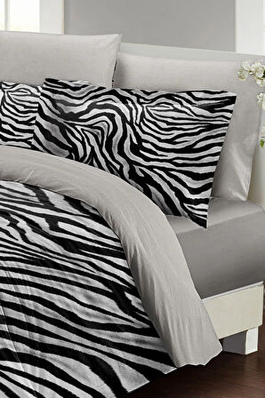 Leopar Lastikli Çarşaflı %100 Pamuk Saten Çift Kişilik Nevresim Takımı Classical Zebra