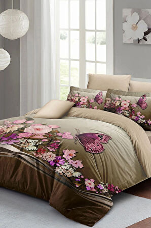 Anneler Günü Nevresim Takımı (Lastikli Çarşaflı) Çift Kişilik %100 Pamuk Saten Brown Butterfly