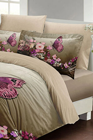 Anneler Günü Nevresim Takımı (Lastikli Çarşaflı) Çift Kişilik %100 Pamuk Saten Brown Butterfly