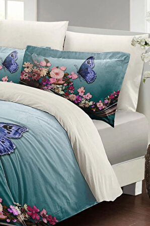 Anneler Günü Nevresim Takımı (Lastikli Çarşaflı) Çift Kişilik %100 Pamuk Saten Blue Butterfly