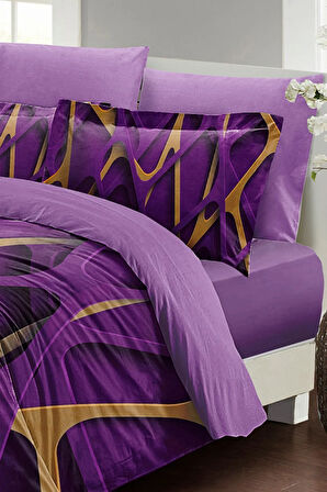 Lastikli Çarşaflı %100 Pamuk Saten Çift Kişilik Nevresim Takımı Purple Brown