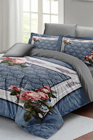 Lastikli Çarşaflı %100 Pamuk Saten Çift Kişilik Nevresim Takımı Blue Fantasy