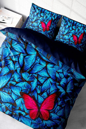 Anneler Günü Çift Kişilik Nevresim Takımı Özel Dokuma Pamuk Saten Blue Butterflies