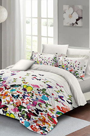 Çift Kişilik Nevresim Takımı Özel Dokuma Pamuk Saten Colorfull Butterfly