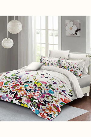Çift Kişilik Nevresim Takımı Özel Dokuma Pamuk Saten Colorfull Butterfly