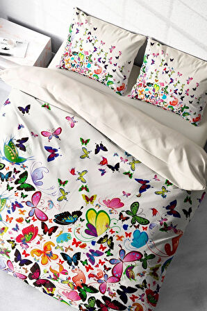 Çift Kişilik Nevresim Takımı Özel Dokuma Pamuk Saten Colorfull Butterfly