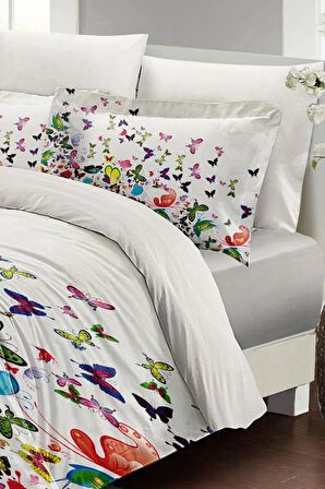 Çift Kişilik Nevresim Takımı Özel Dokuma Pamuk Saten Colorfull Butterfly