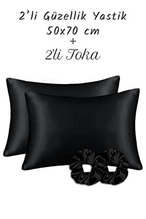 İpek Saten Yastık Kılıfı 2 Adet 50x70cm 2 Adet Saten Tokalı Siyah