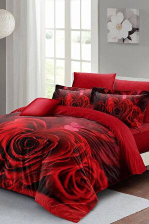 Nevresim Takımı %100 Doğal Pamuk Çift Kişilik 3d Digital Roses Love Heart