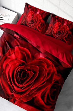 Nevresim Takımı %100 Doğal Pamuk Çift Kişilik 3d Digital Roses Love Heart