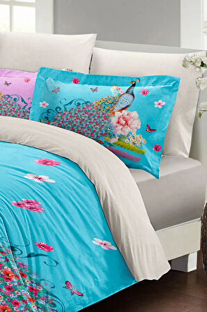 Çift Kişilik Nevresim Takımı Özel Dokuma Pamuk Saten Çiçekli Tavus