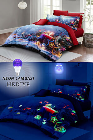Yılbaşı Neonlu Fosforlu Nevresim Takımı Çift Kişilik %100 Pamuk Saten Christmas Candle