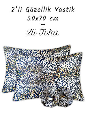 İpek Saten Yastık Kılıfı 2 Adet 50x70cm 2 Adet Saten Tokalı Blue Leopar