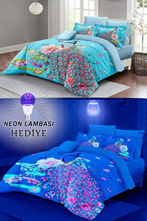 Neonlu Fosforlu Nevresim Takımı (Lastikli Çarşaflı) Çift Kişilik %100 Pamuk Saten Flowered peacock