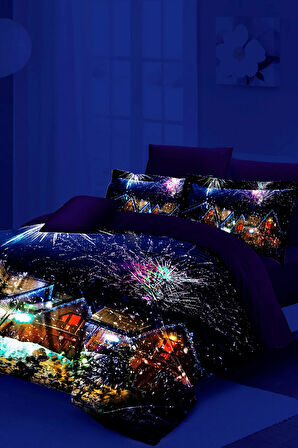 Yılbaşı Neonlu Fosforlu Nevresim Takımı Çift Kişilik %100 Pamuk Saten  Nights Houses