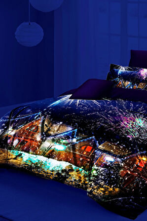 Yılbaşı Neonlu Fosforlu Nevresim Takımı Çift Kişilik %100 Pamuk Saten  Nights Houses