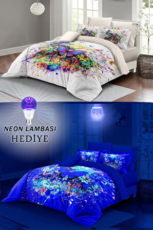 Neonlu Fosforlu Nevresim Takımı (LASTİKLİ ÇARŞAFLI) Çift Kişilik %100 Pamuk Saten Butterfly Dreams